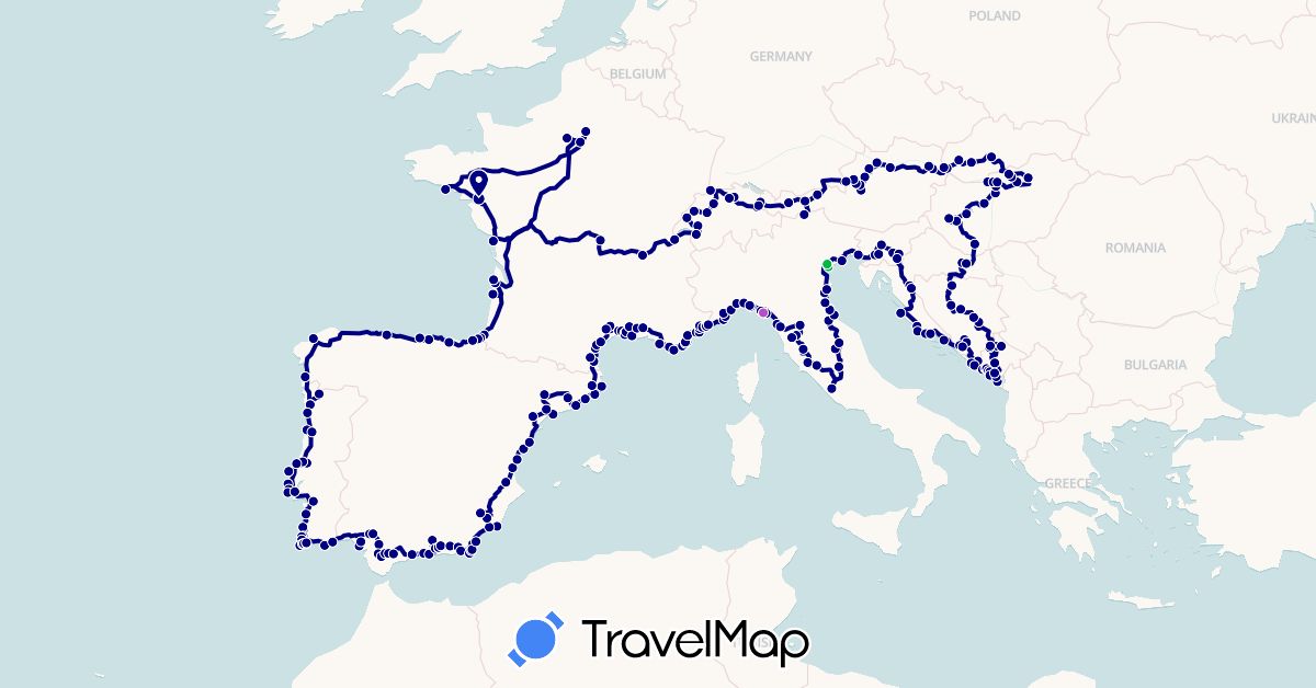 TravelMap itinerary: driving, bus, train in Austria, Bosnia and Herzegovina, Switzerland, Spain, France, Croatia, Hungary, Italy, Liechtenstein, Monaco, Montenegro, Portugal, Slovenia, Slovakia (Europe)